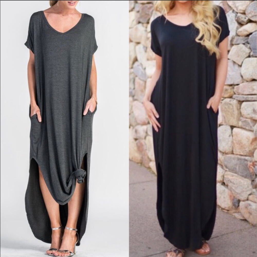 Oversized loose fit slit pocket boho maxi dress - Picture 2 of 8